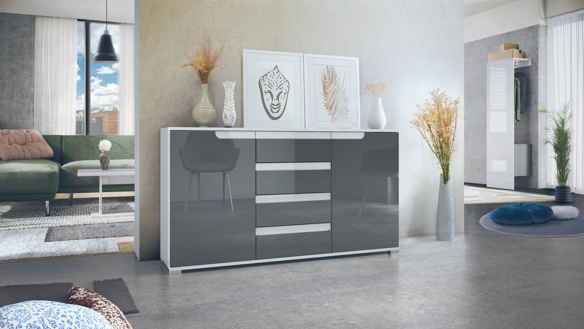 SIDEBOARD Sylt Grau Hochglanz / Weiß Hochglanz - Grau, Holzwerkstoff (138.5/75.5/35cm) - Vladon