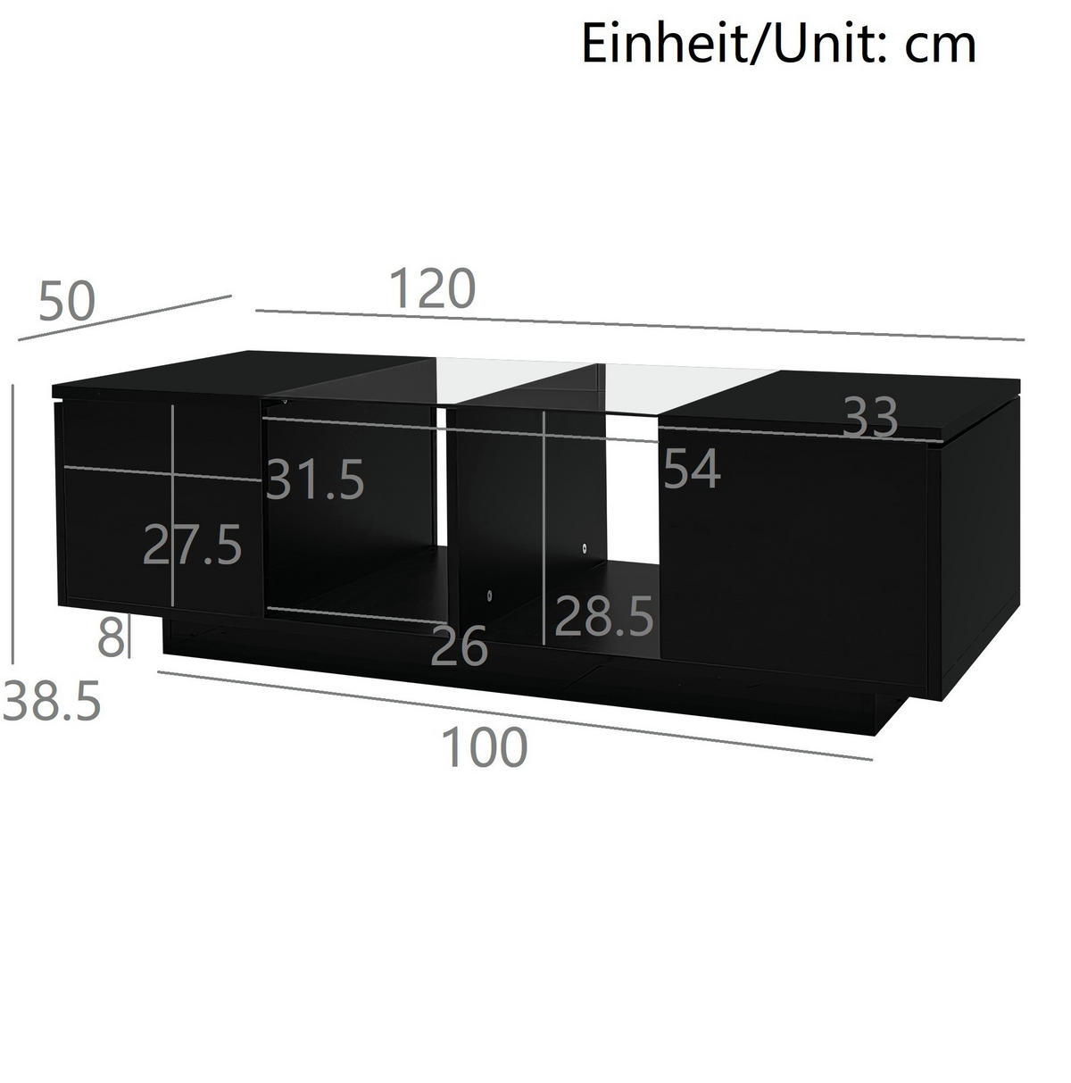 COUCHTISCH 120/50/38.5 cm schwarz aus Glas, MDF und Spanplatte mit LED-Beleuchtung - Schwarz, Holzwerkstoff (120/50/38.5cm) - OKMYHOME