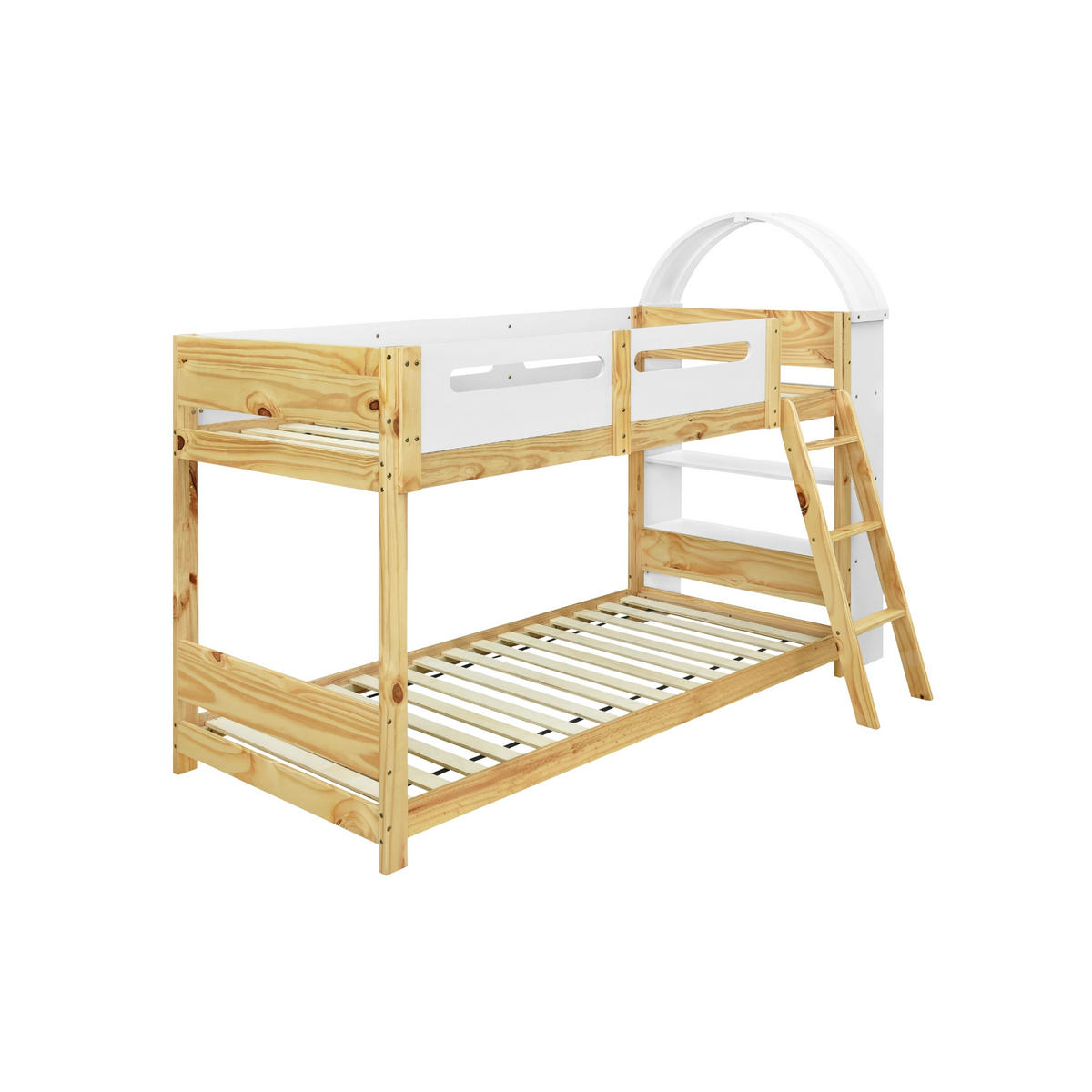 ETAGENBETT 90/200 cm Weiß+Natur mit dreistufigem Regal und sicherem Bettgitter aus Kiefer und MDF - Naturfarben, Holzwerkstoff (90/200cm) - OKWISH