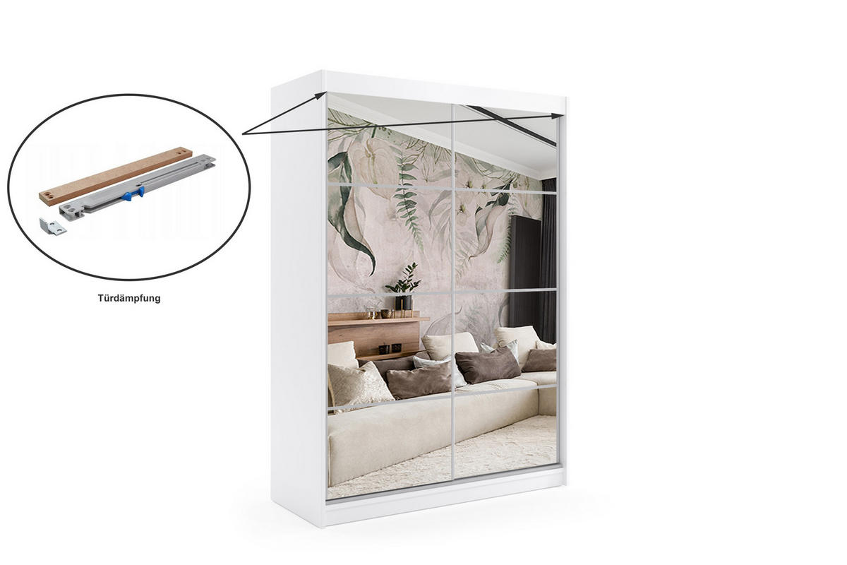 KLEIDERSCHRANK mit Spiegel-Schiebetüren und Aluminium-Leisten - VIVI - 150 cm Weiß - Weiß, Holzwerkstoff (150/216/61cm) - ALTDECOR