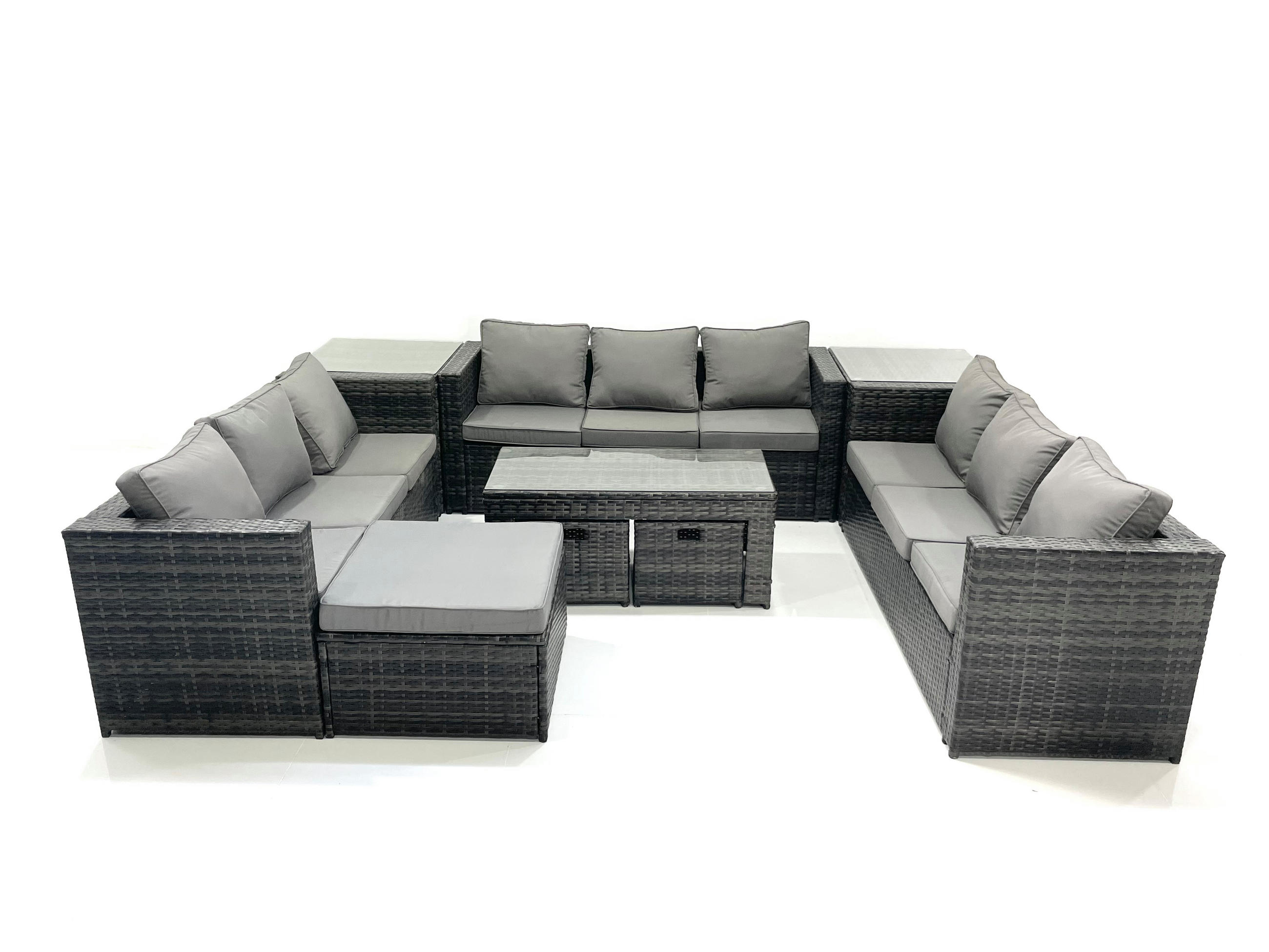 GARTENMÖBEL COUCHTISCH SET mit Sofa Polyrattan Outdoor 12-Sitzer - Dunkelgrau/Grau, Glas/Kunststoff - Fimous