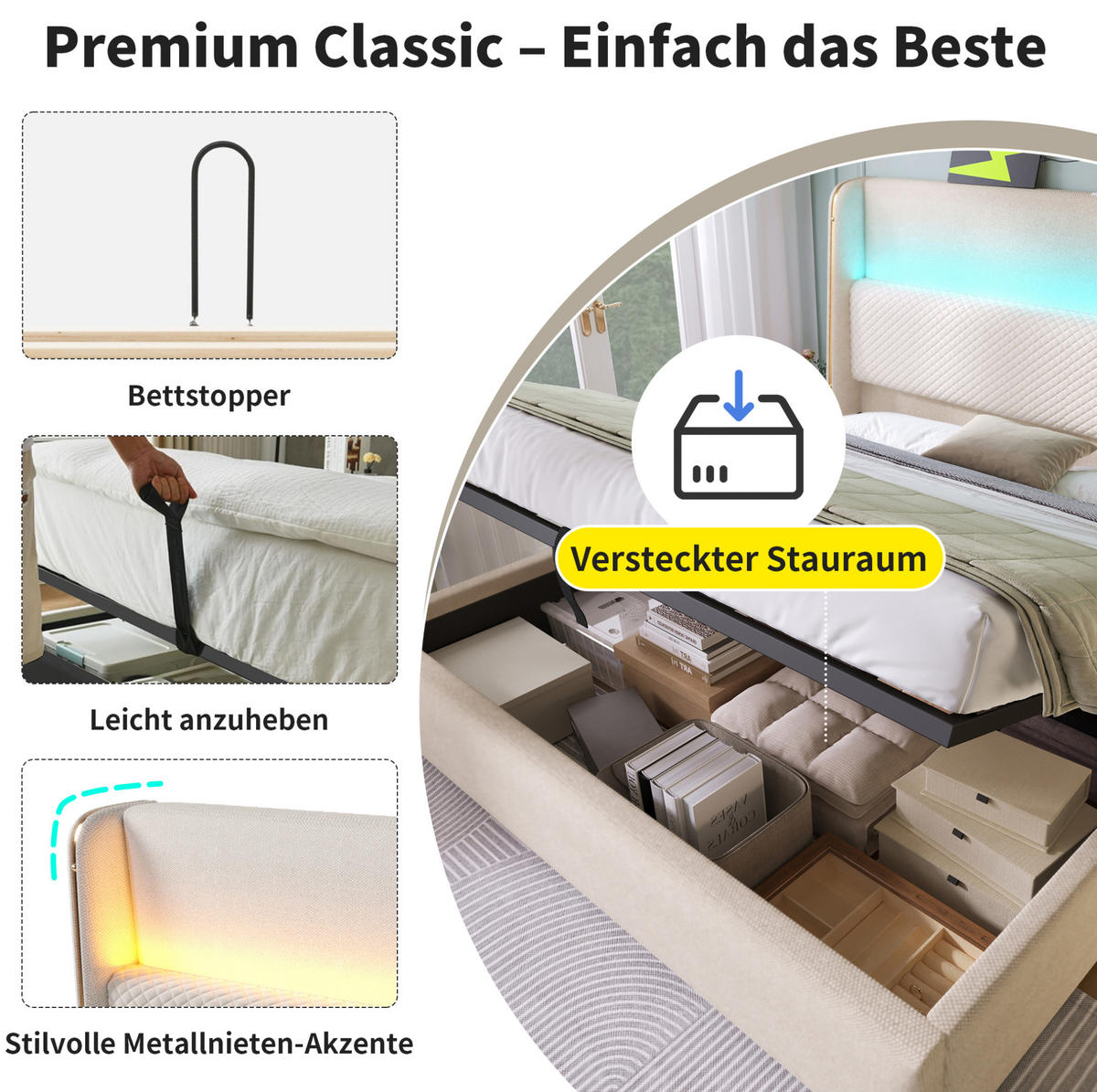 POLSTERBETT 160/200 cm Beige aus Leinen mit Stauraum - Beige, Textil (160/200cm) - OKMYHOME