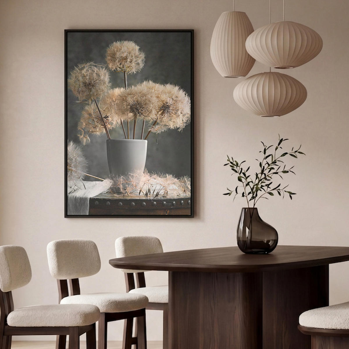 LEINWAND Bilder mit Rahmen - Blumensamen - Löwenzahn - Vase - Stilleben - Blumenstrauß - 100x150 - Dunkelgrau, Textil (100/150cm) - MuchoWow