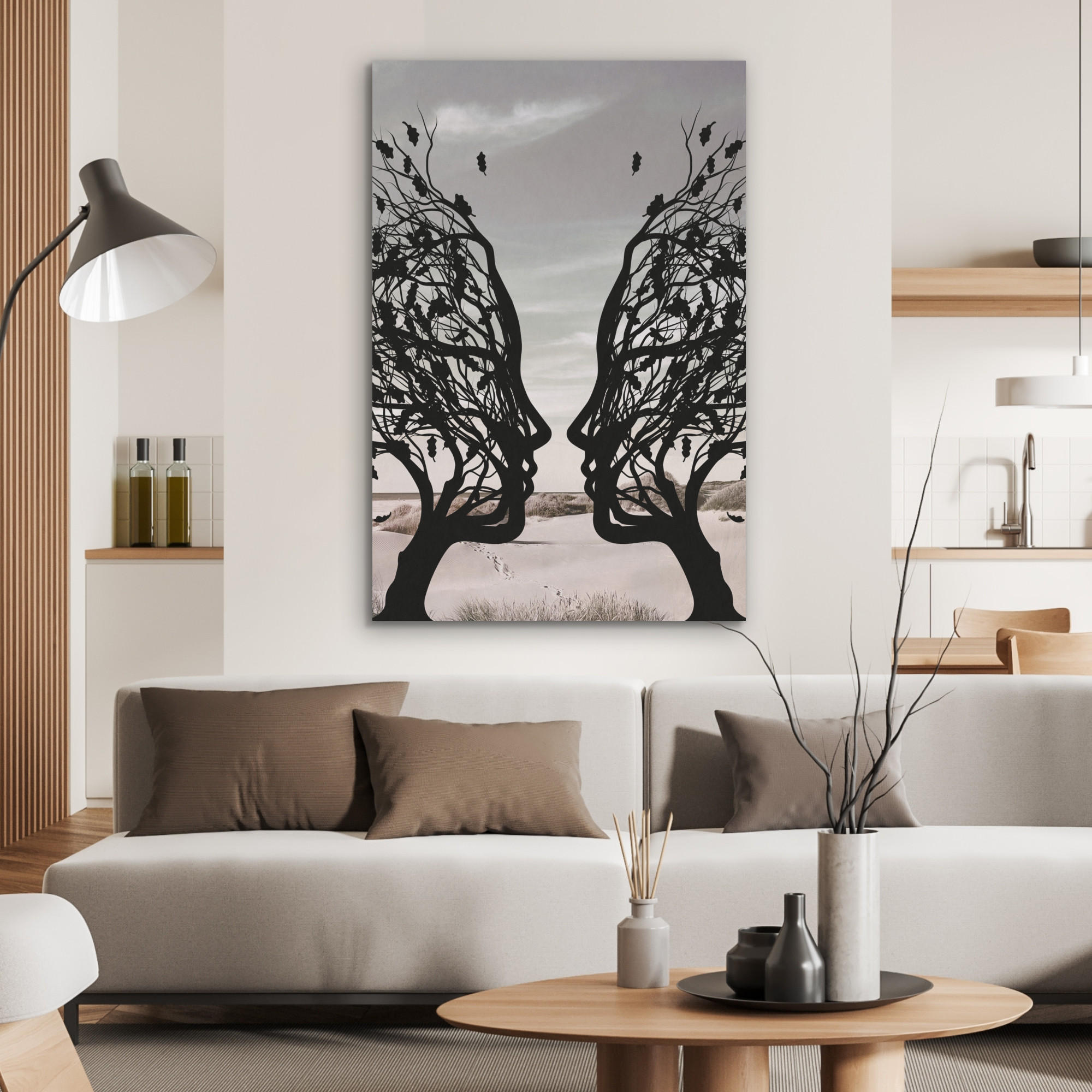 AKUSTIKPANEEL Strand - Meer - Menschen - Baum - Moderne Kunst 70x100 cm - Hellgrau, Textil (70/0.9/100cm) - MuchoWow