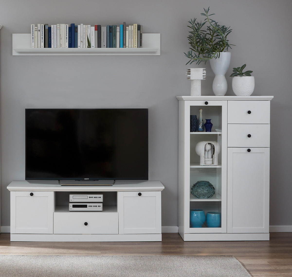 WOHNWAND 3-teilig in weiß Landhaus, Schrankwand 273 x 196 cm - Silberfarben/Weiß, Glas/Holzwerkstoff (273/180/41cm) - Top.Furn