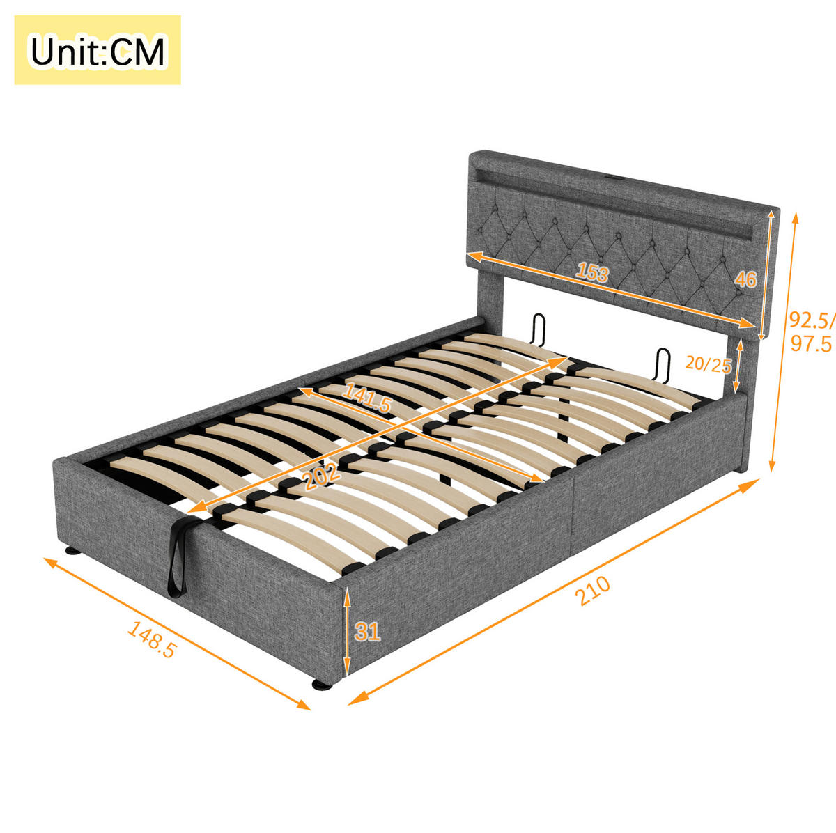 POLSTERBETT mit Stauraum, LED und USB 140x200 cm Leinen Grau - Grau, Metall (140/200cm) - Meubliv