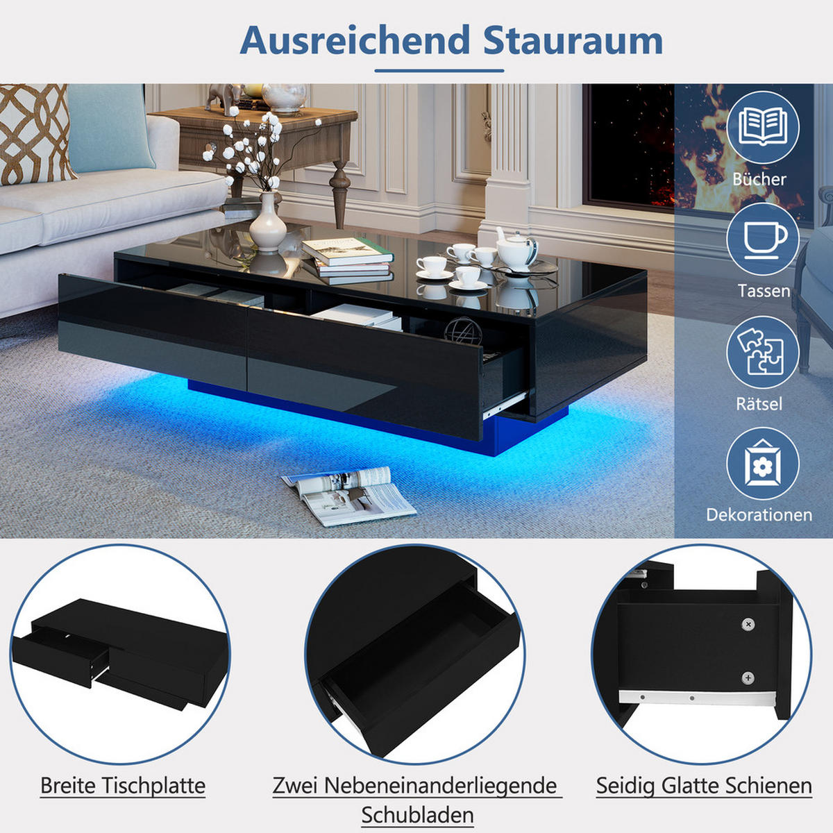 COUCHTISCH 115x55cm Schwarz Hochglanz LED 2 Schubladen 30kg Belastbar - Schwarz, Holz (127.99/66.68/11.79cm) - FLIEKS