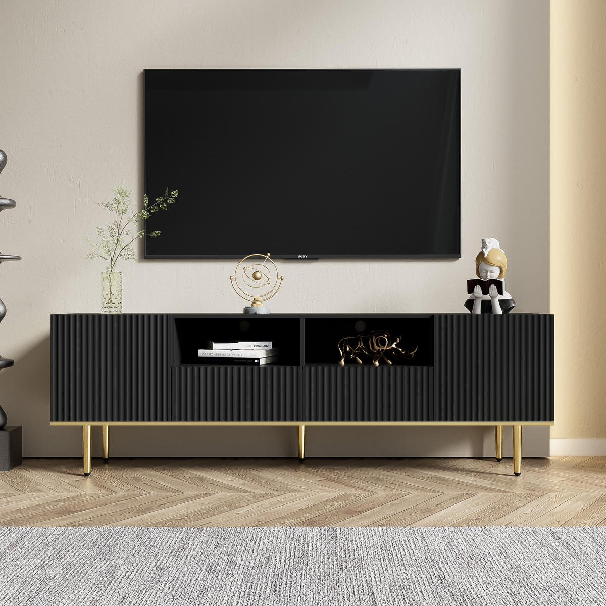 TV-SCHRANK 165/36/55 cm schwarz Akazie mit goldenen Füßen und grifflosen Türen - Schwarz, Holzwerkstoff (165/55/36cm) - OKWISH