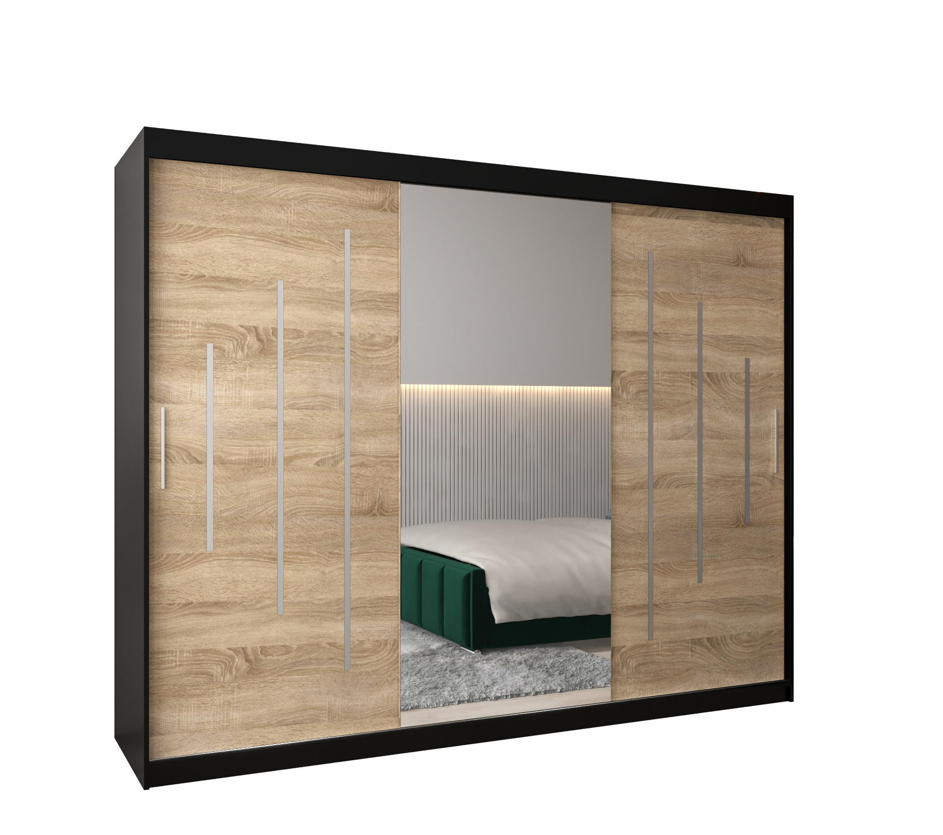 Abiks Möbel Schwebetürenschrank Schwarz, Sonoma Eiche 250x200x62 cm