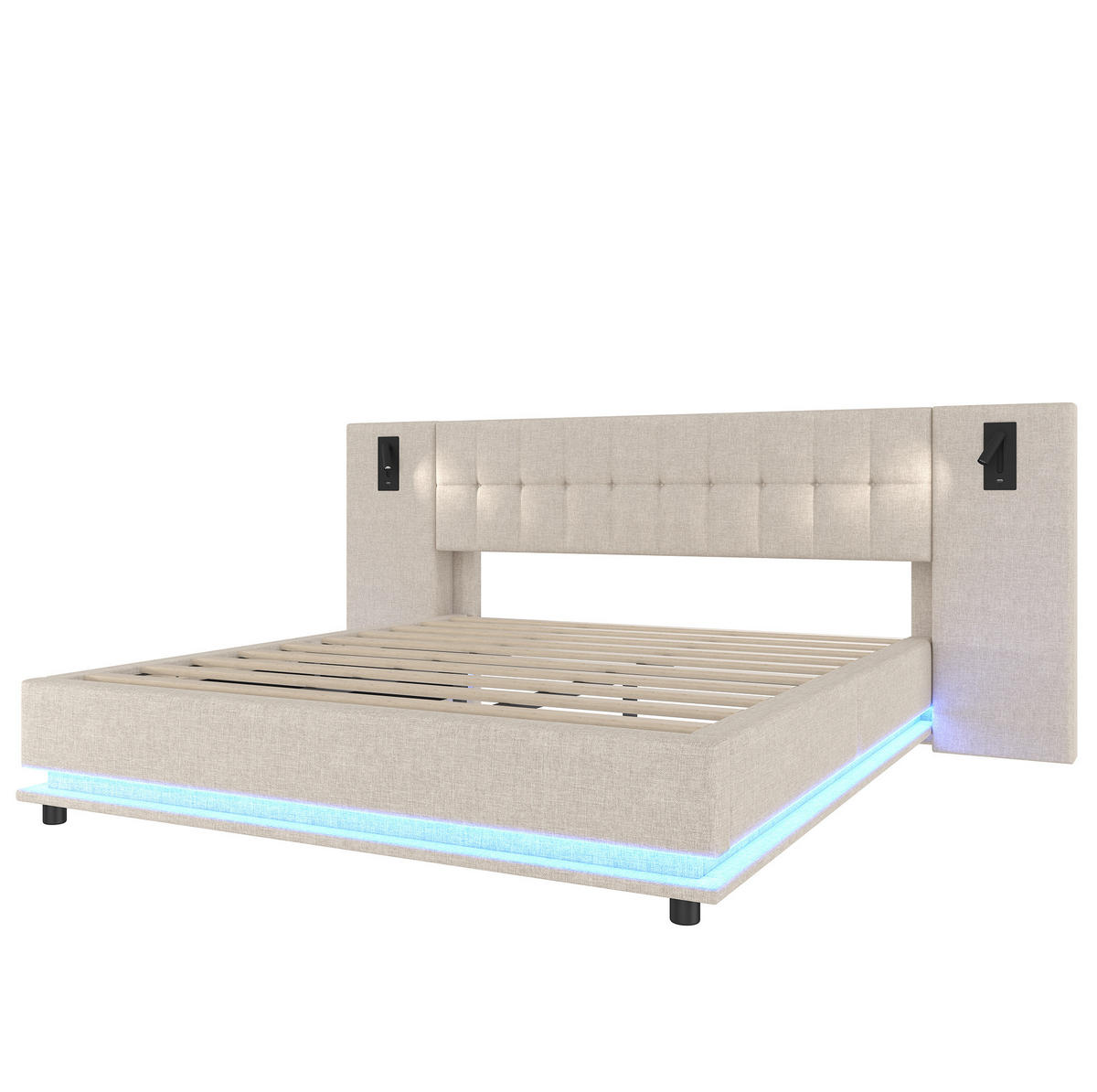 POLSTERBETT 180/200 cm Beige mit LED-Beleuchtung, Spot und USB-Anschluss aus Leinen - Beige, Textil (180/200cm) - OKWISH