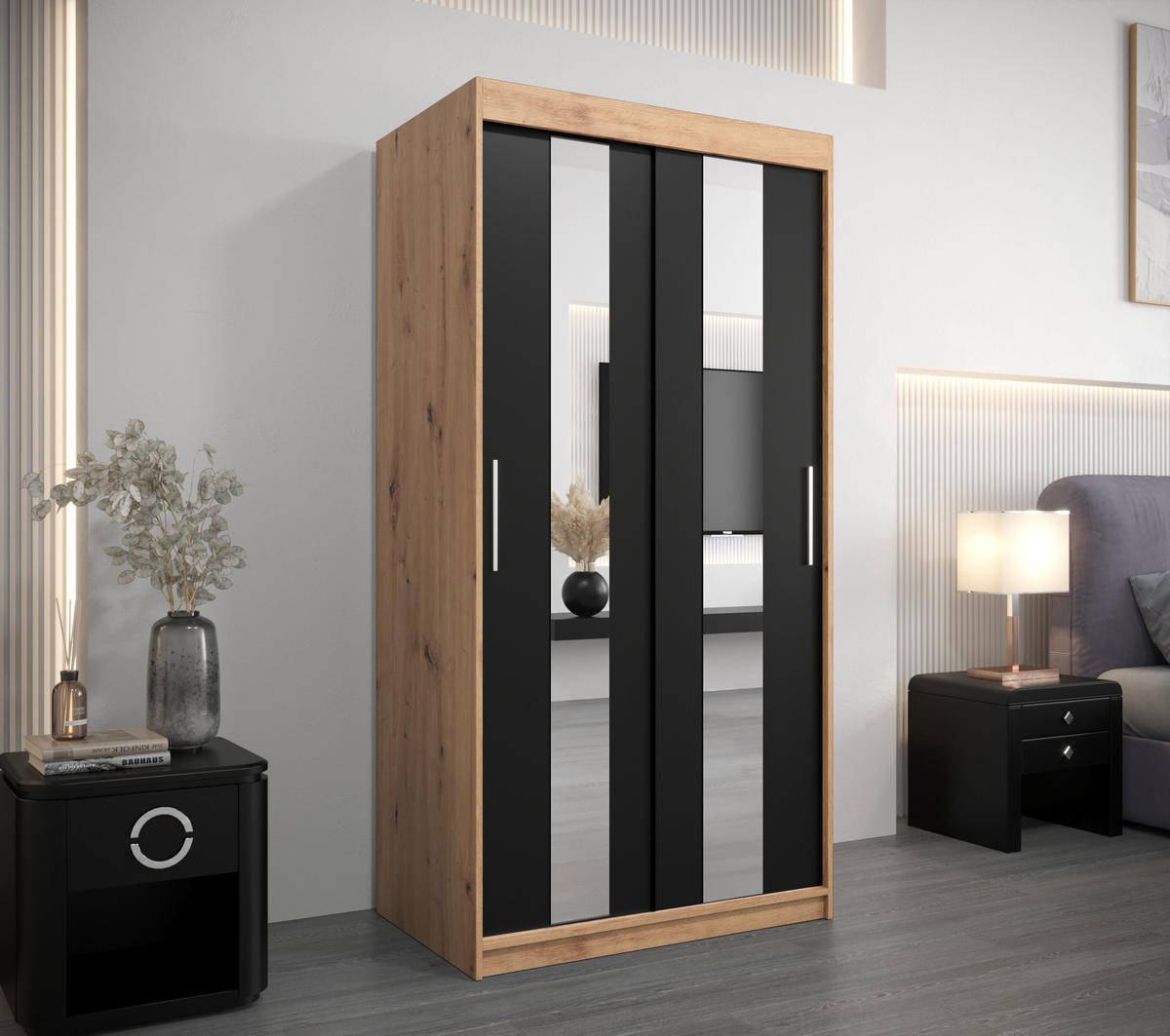 SCHWEBETÜRENSCHRANK 200/100/62 2-türig - Silberfarben/Schwarz, Holz/Kunststoff (100/200/62cm) - Abiks Möbel