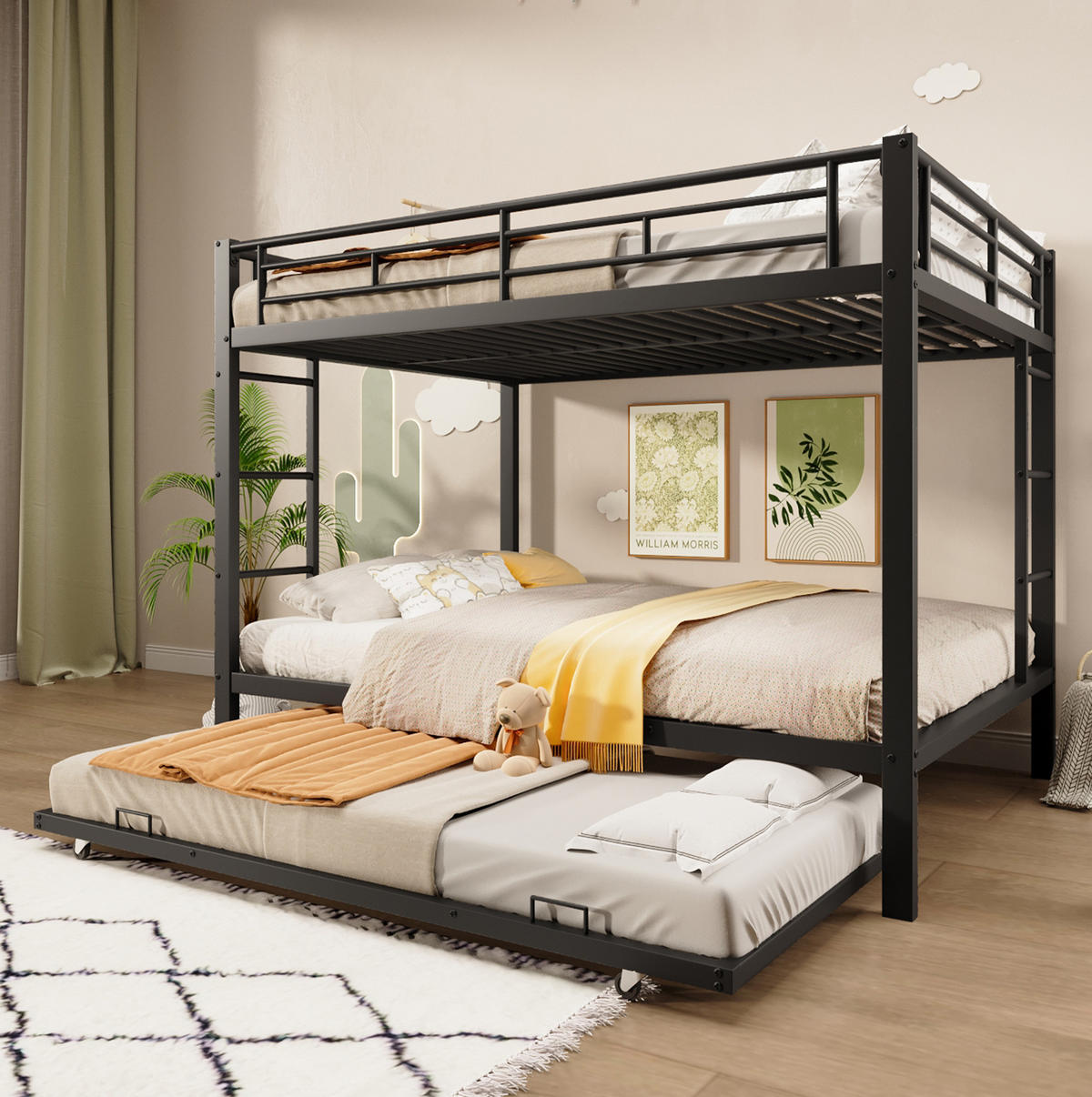 ETAGENBETT 140/200 cm aus Metall mit Ausziehbett und hohem Geländer Schwarz - Schwarz, Metall (140/200cm) - Modenvie