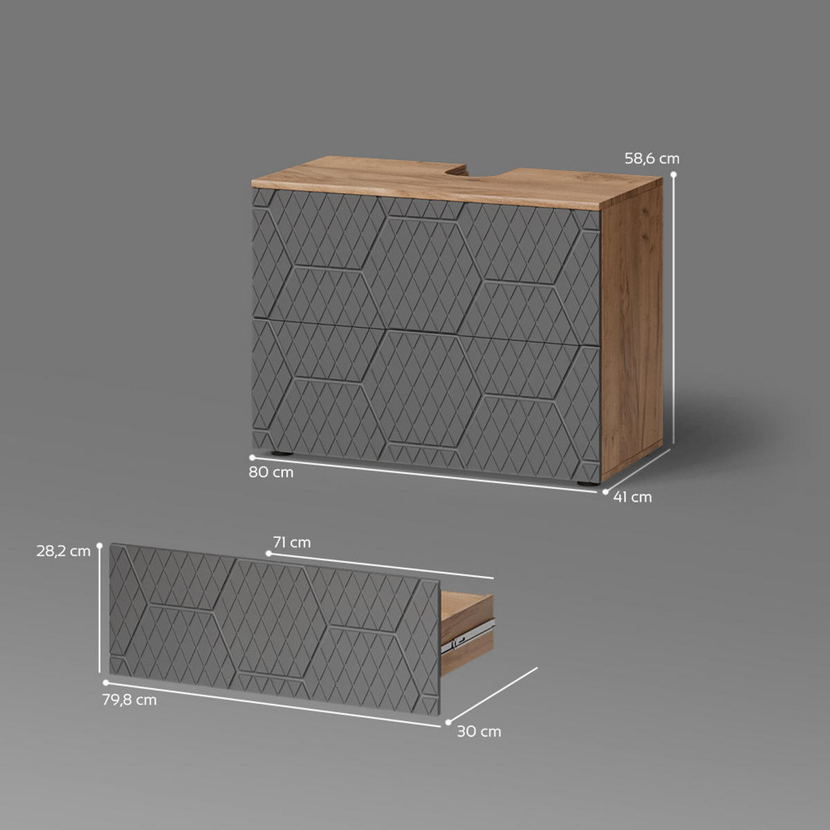 WASCHBECKENUNTERSCHRANK Ronco Anthrazit gestreift 80 x 58.6 cm mit 2 Schubladen - Anthrazit/Eiche Wotan, Holzwerkstoff (80/58.6/41cm) - Livinity®