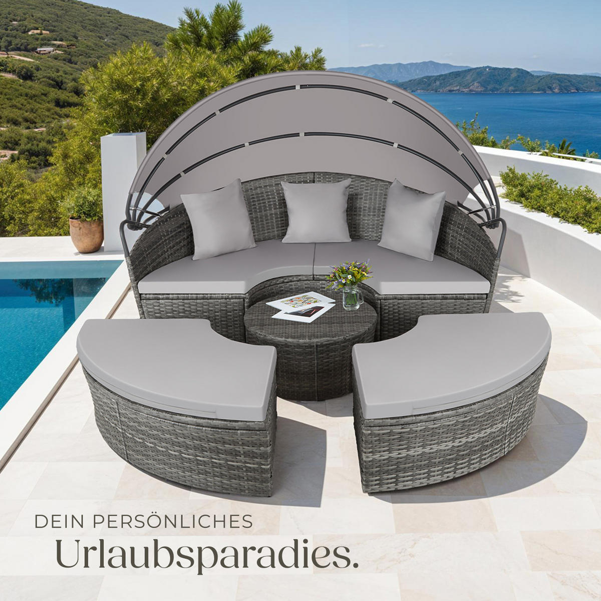 RATTAN SONNENINSEL Santorin,variabel aufstellbar,grau - Grau, Kunststoff (171/136/175cm) - tectake