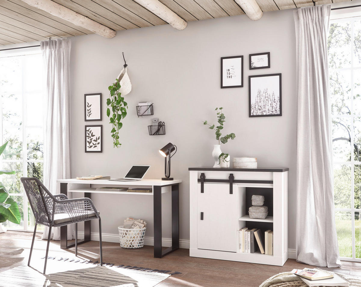 KOMMODE weiß Pinie, anthrazit, Landhaus, Schiebetürenkommode 93 x 91 cm - Anthrazit/Weiß, Holzwerkstoff/Metall (93/91/38cm) - Furn.Design