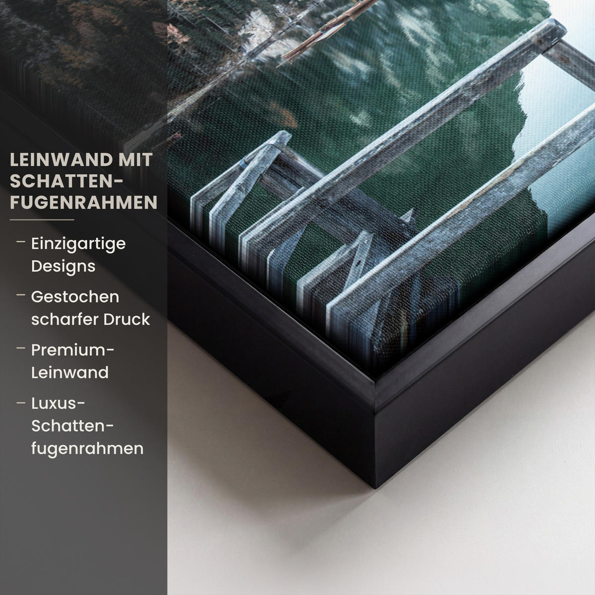 LEINWAND Bilder mit Rahmen - Natur - Berge - Schnee - Wald - Boot - 30x20 - Hellgrün, Textil (30/20cm) - MuchoWow