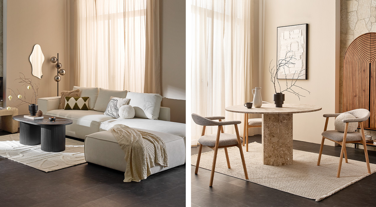 Mysigt, ljust vardagsrum och matrum med soffa och matbord