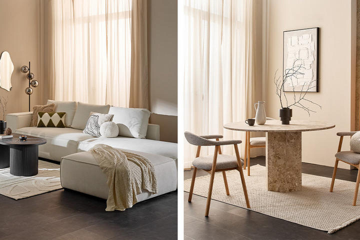 Mysigt, ljust vardagsrum och matrum med soffa och matbord