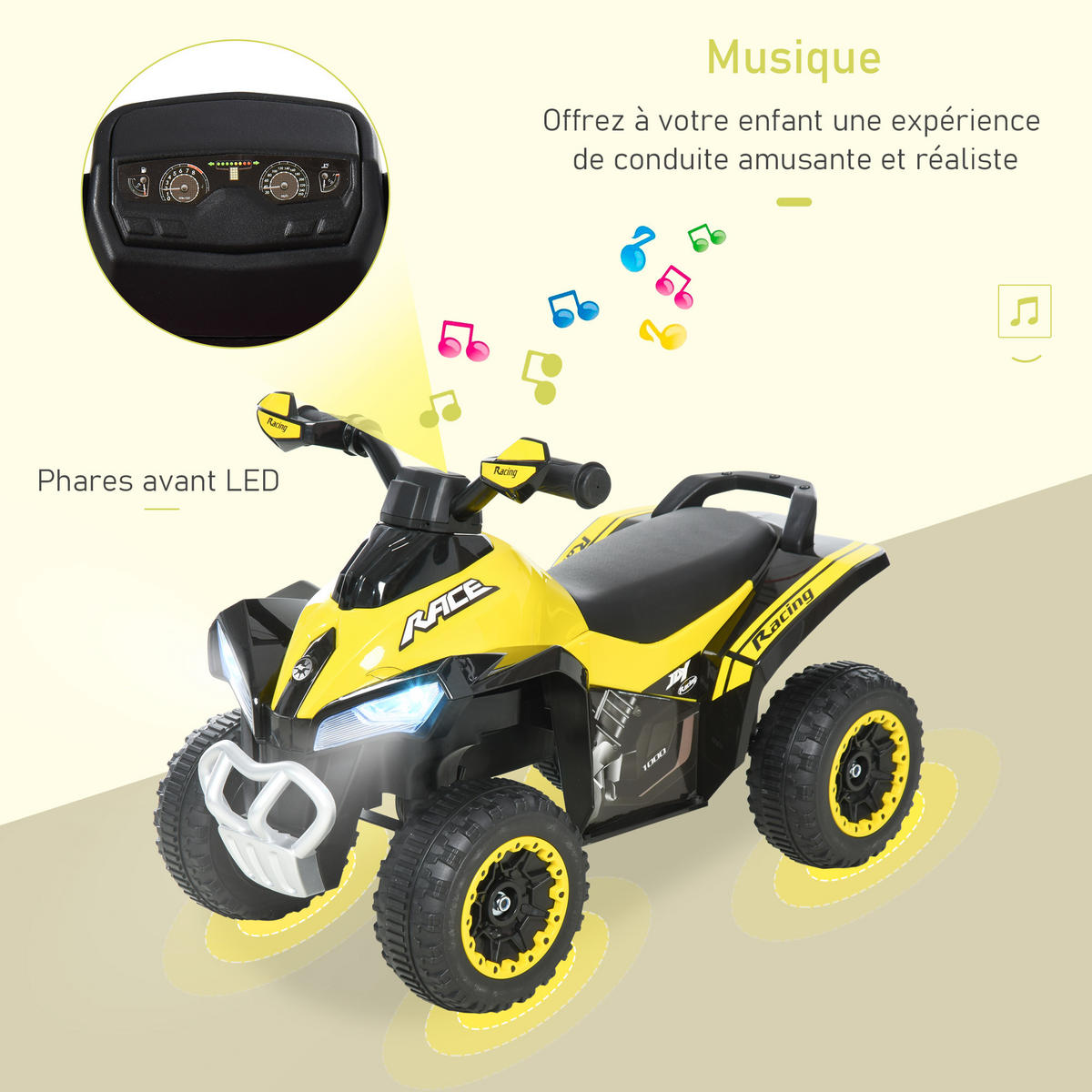 KINDERQUAD DE-16931 mit LED-Licht & Sound Gelb/Schwarz - Gelb, Kunststoff (67/38/44cm) - ComfortXL