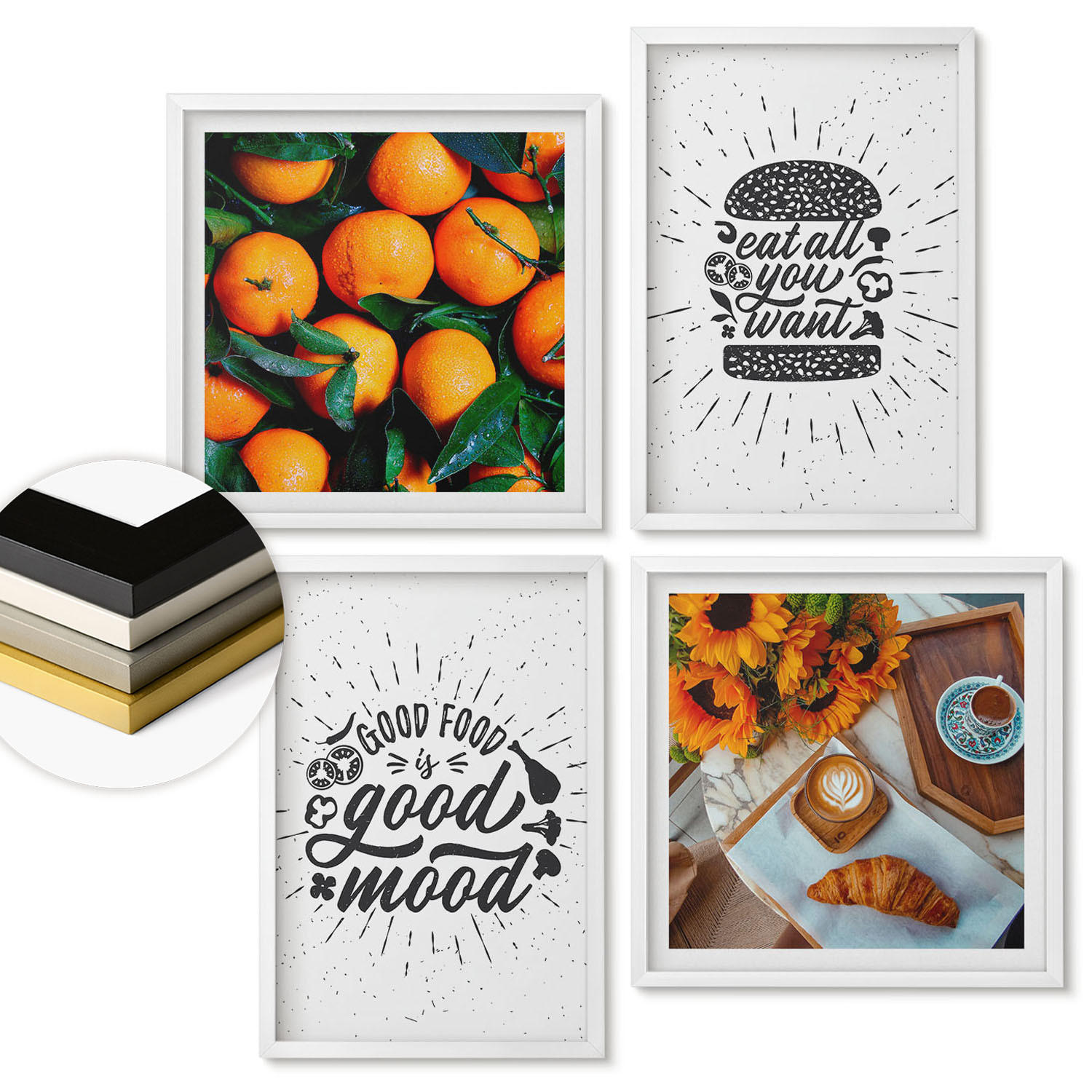 WANDBILDER 4er-Set - 50x50 cm & 40x60 cm Weißer Rahmen - Juicy Oranges Kitchen - Weiß, Kunststoff (50/50cm) - ArtPrintCave