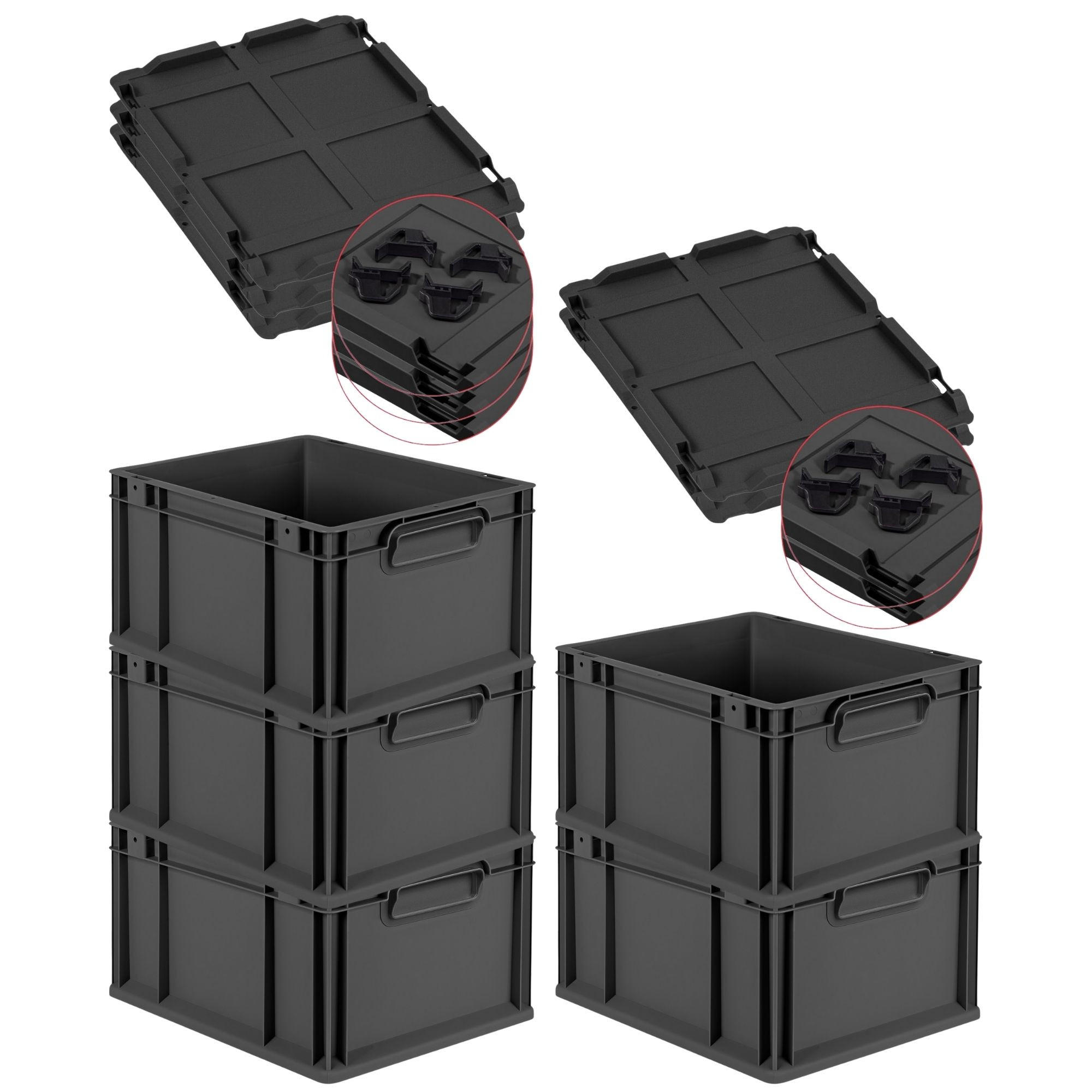 EUROBOX 5x NextGen Color mit Auflagedeckel 22x30x40 cm 20 Liter Schwarz Griffe schwarz zu - Anthrazit/Schwarz, Kunststoff (30/22/40cm) - PROREGAL
