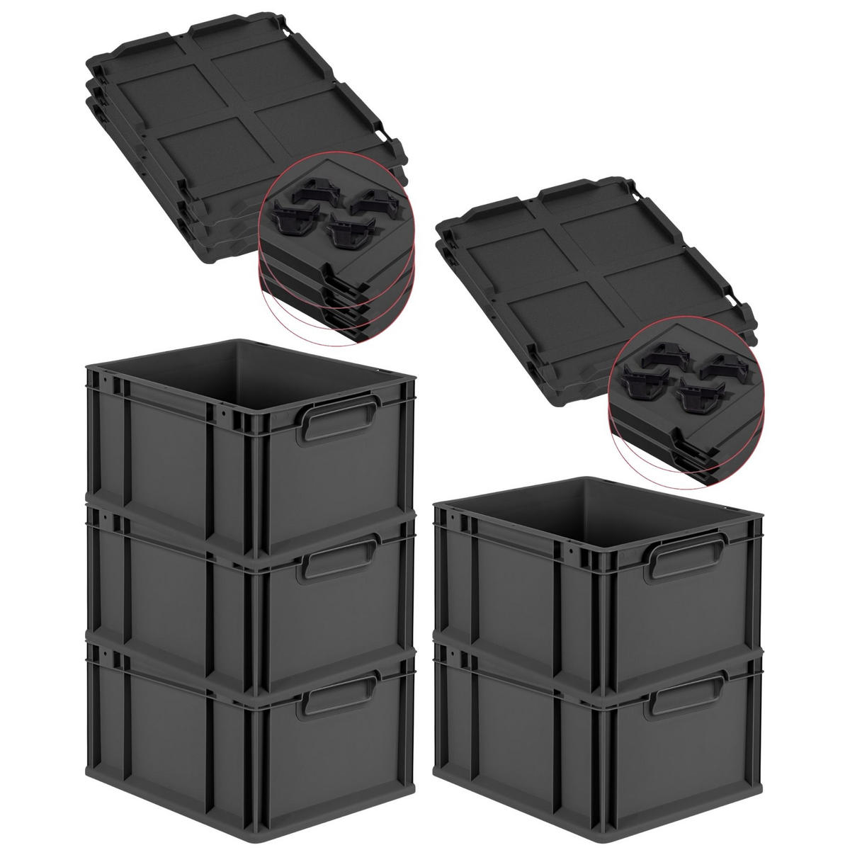 EUROBOX 5x NextGen Color mit Auflagedeckel 22x30x40 cm 20 Liter Schwarz Griffe schwarz zu - Anthrazit/Schwarz, Kunststoff (30/22/40cm) - PROREGAL
