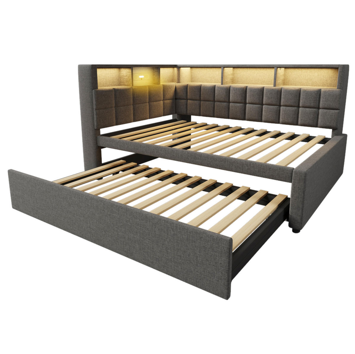 POLSTERBETT 90/180x200 cm in Grau mit LED-Beleuchtung und USB- und Type-C-Anschlüssen - Grau, Textil (90/200cm) - Flora Grace