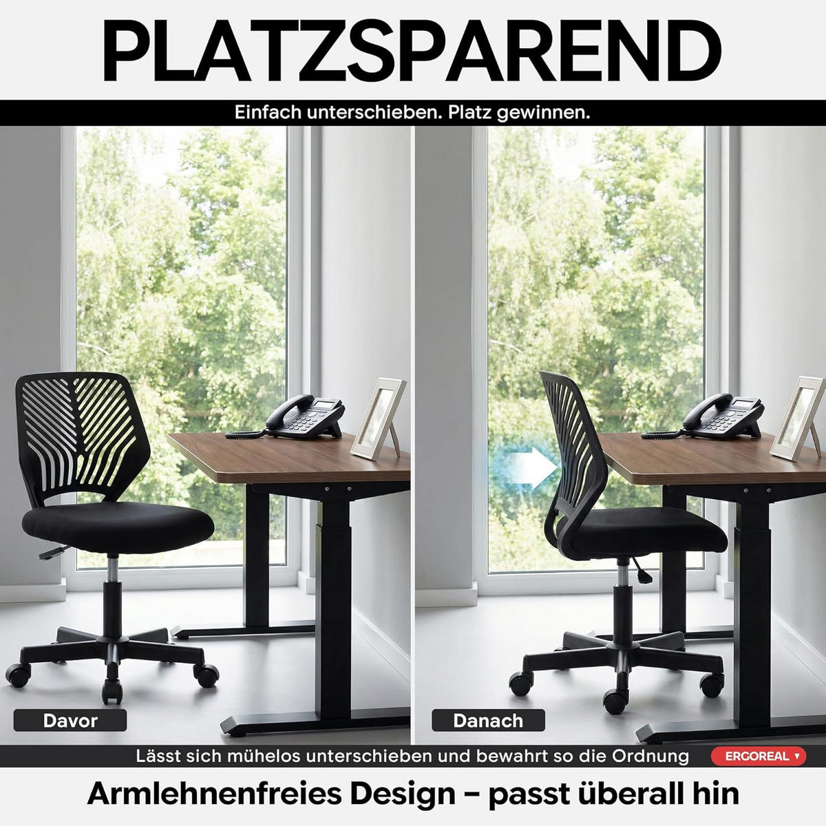 BÜROSTUHL Ergonomischer ohne Armlehne, mit Rollen & Höhenverstellung - Schwarz, Metall (55/79/55cm)