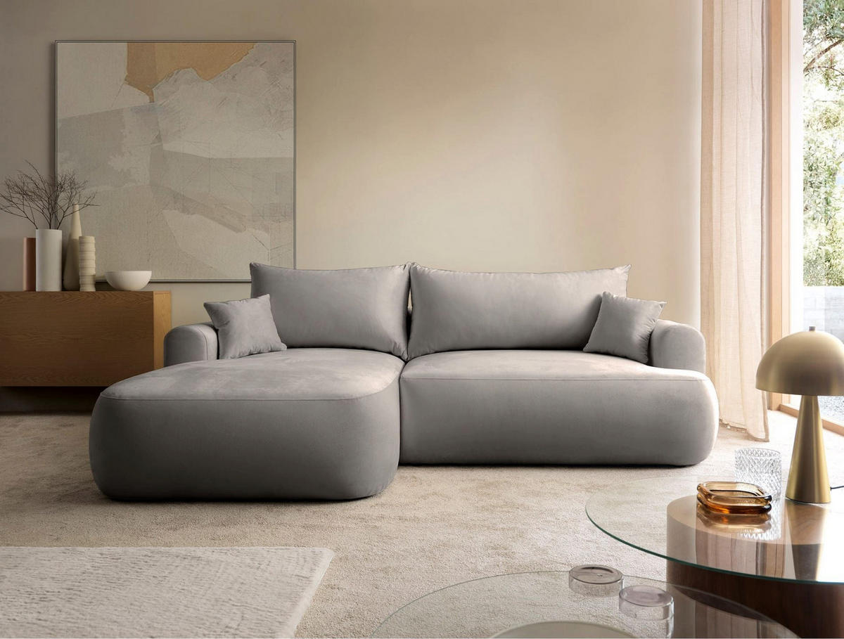 ROHOVÁ pohovka Ovo světle růžová s vodoodpudivým sametovým potahem - černá/světle šedá, textil/plast (260/165cm) - Selsey