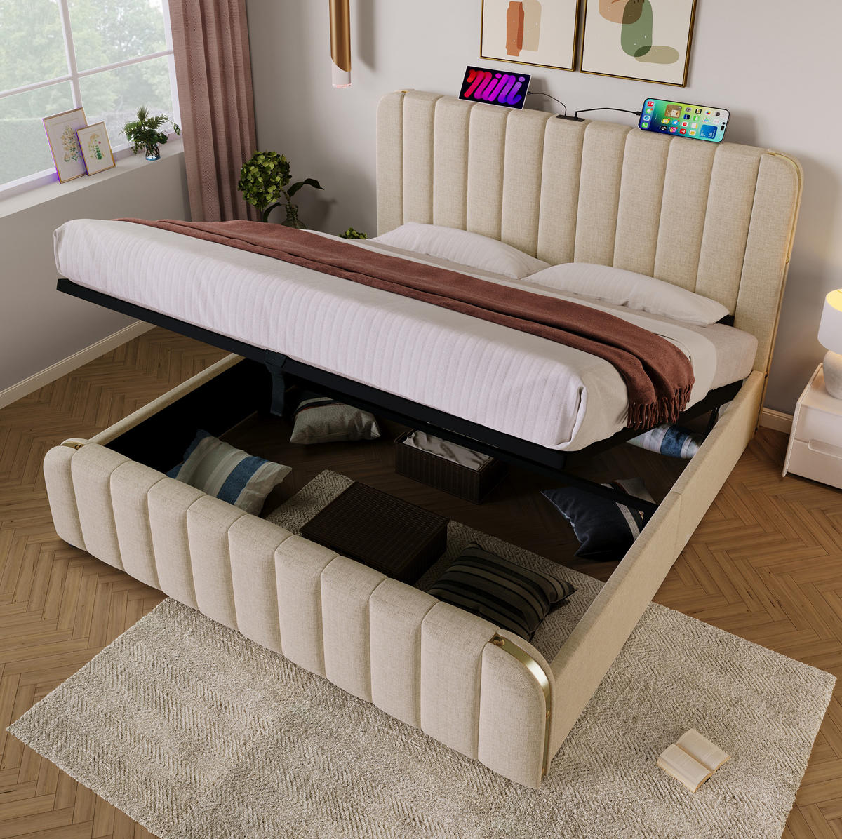 POLSTERBETT mit Bettkasten 180/200 cm in Beige mit USB-C und gepolstertem Kopfteil - Beige, Textil (180/200cm) - BEAOK