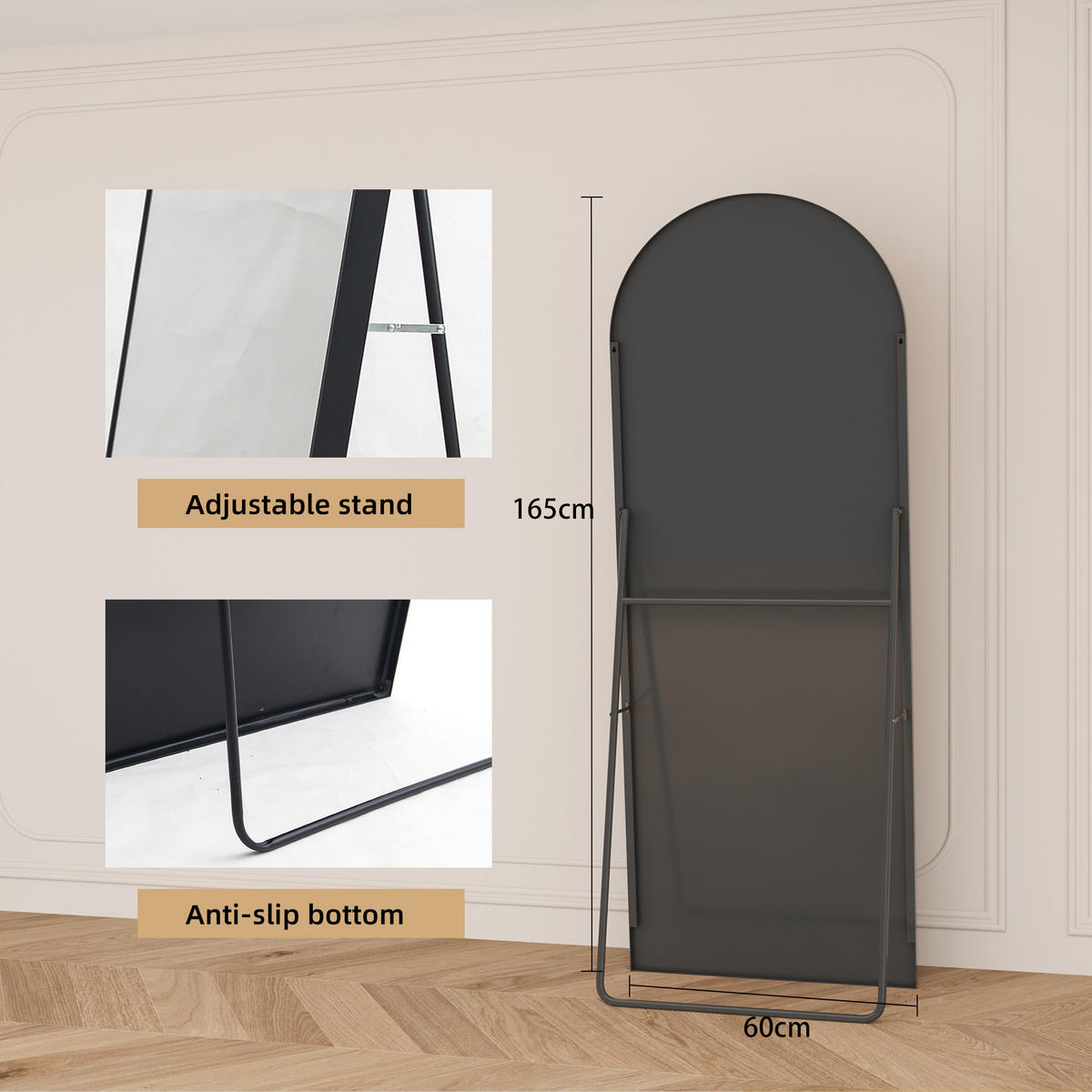STANDSPIEGEL Gewölbter, 1650 × 600 mm, freistehend, Aluminiumrahmen, schwarz (65 × 23,6 Zoll) - Schwarz, Glas/Metall (60/165/3cm) - WoodenAura