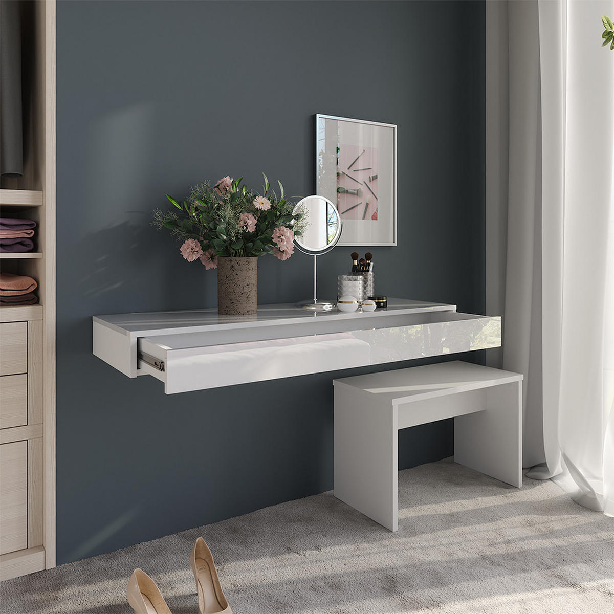 STĚNOVÁ POLICE Sherry Bílá vysoký lesk - vysoce lesklá bílá, kompozitní dřevo (120/12/40.1cm) - Vicco