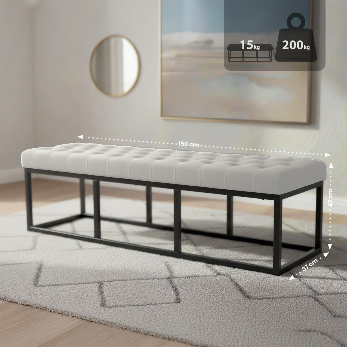 SITZBANK 150/37 cm Samt Creme - Creme/Schwarz, Textil/Metall (150/42/37cm) - CLP