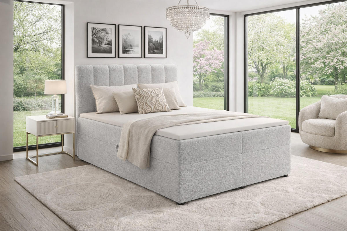 BOXBETT VINCENT 120/200 in Boucle Hellgrau H3 - Hellgrau, Holz/Holzwerkstoff (120/200cm) - Deine Möbel 24