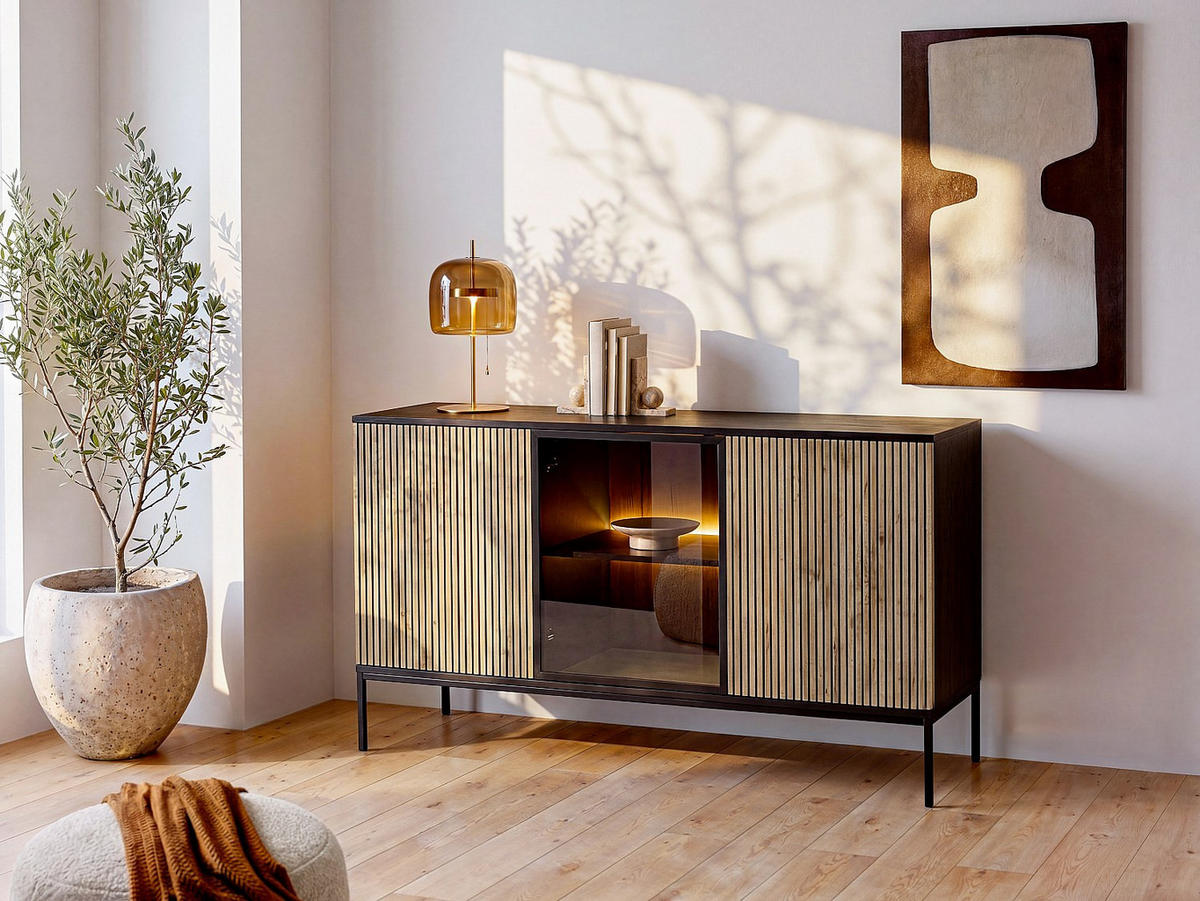 SIDEBOARD - 153.4 cm x 39 cm - Holz, Platte, Glas - Schwarz, Naturfarben Hell - OVILA - Schwarz/Naturfarben, Glas/Holz (153.4/83.2/39cm) - Vente-Unique