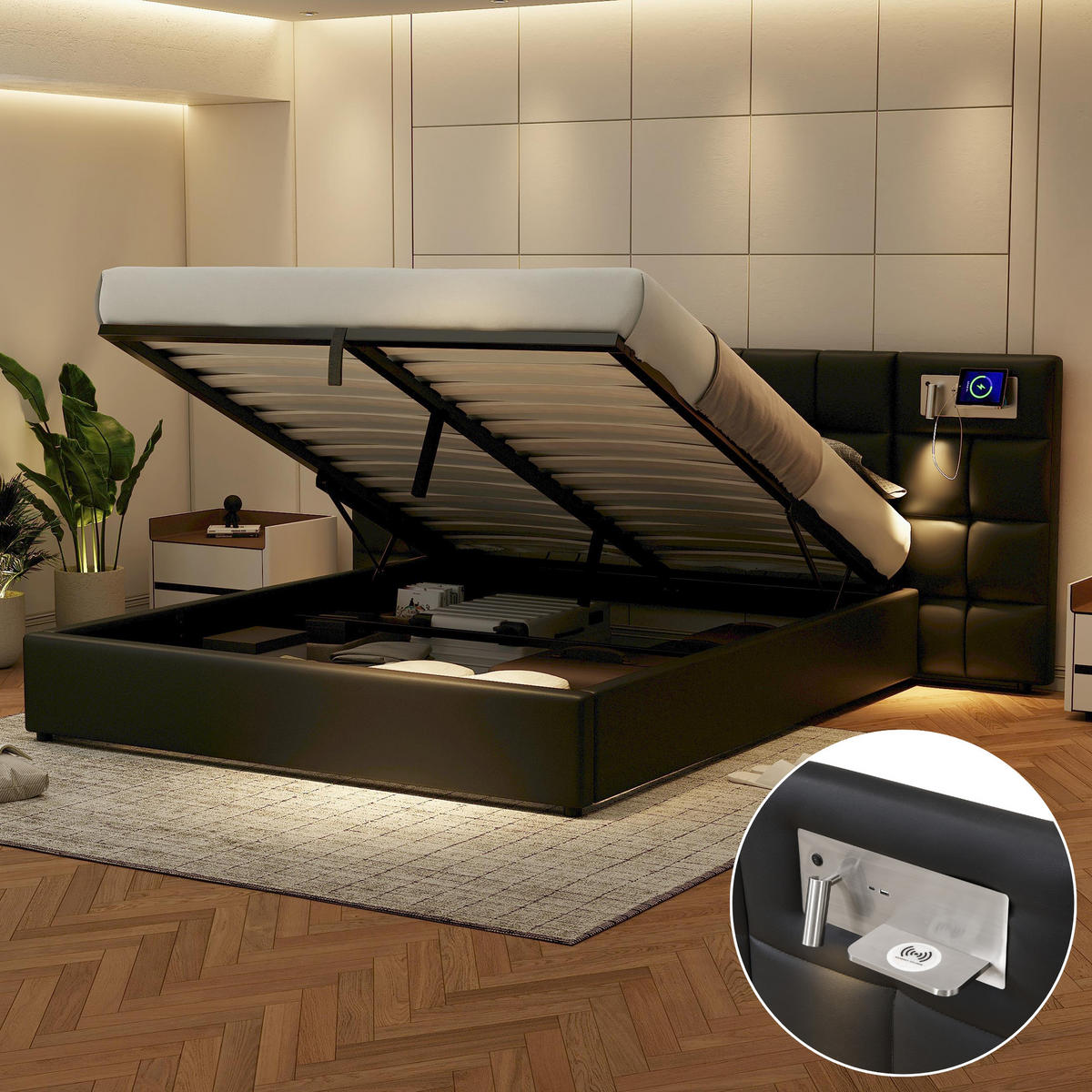 POLSTERBETT 180/200 cm Schwarz mit USB und hydraulischem Stauraum - Schwarz, Kunststoff (180/200cm) - OKWISH