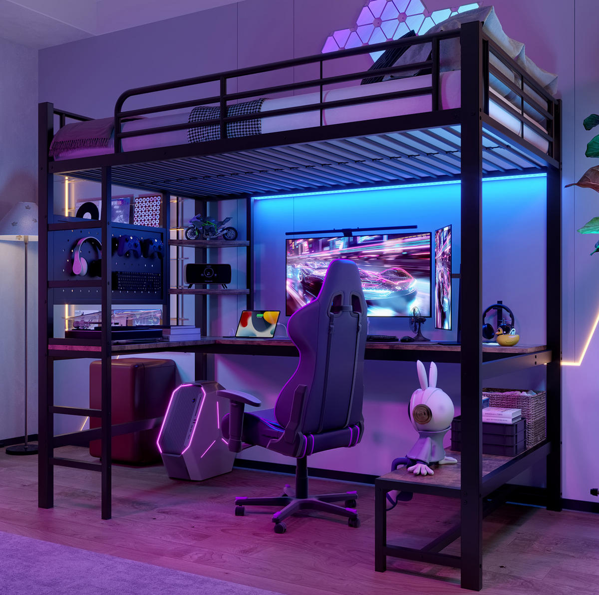 HOCHBETT 90/200 cm, Schwarz mit Schreibtisch, LED und USB-Typ-C-Buchse - Schwarz, Metall (90/200cm) - MIVRAY
