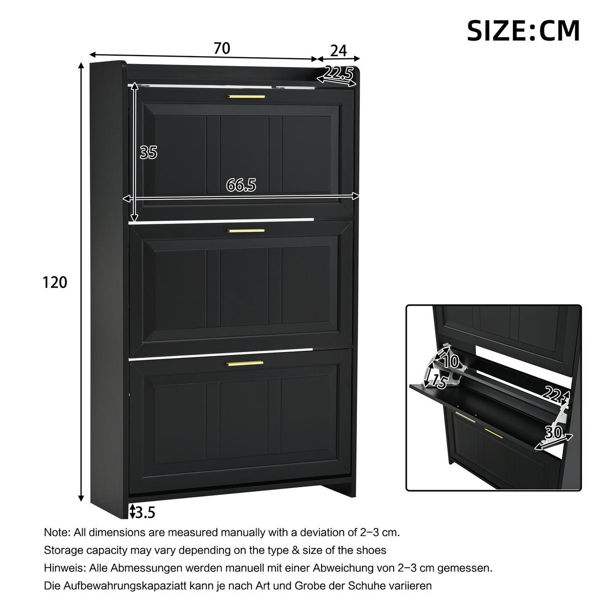 SCHUHSCHRANK mit 3 Klappen 70/24/120 cm im 2er-Set, schwarz - Schwarz, Holzwerkstoff (140/120/24cm) - BEAOK