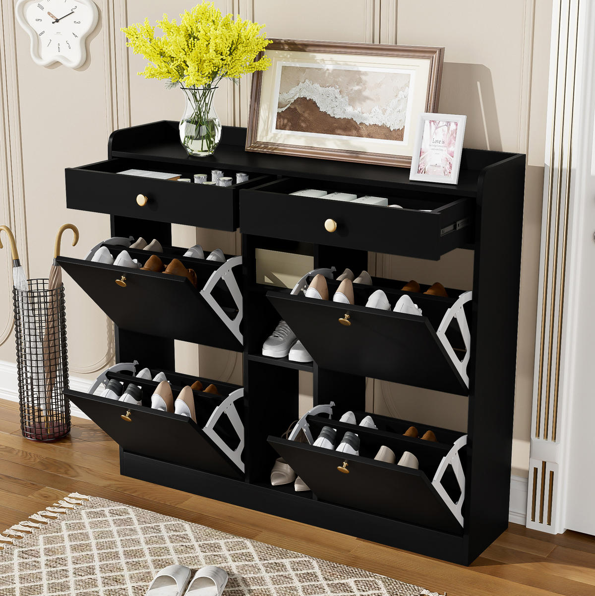 SCHUHSCHRANK 110/26/100 cm in Schwarz mit 4 Klapptüren und 2 Schubladen - Schwarz, Holzwerkstoff (110/100/26cm) - Flora Grace