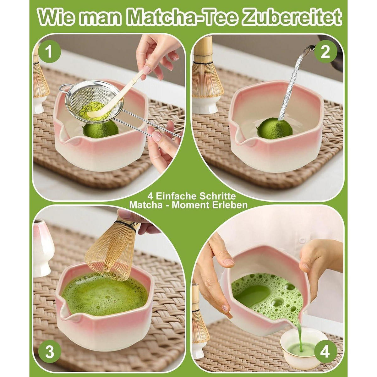 MATCHA Set 7-teiliges Set Keramikschale Bambusbesen Rosa - Rosa, Keramik (15/10/15cm)
