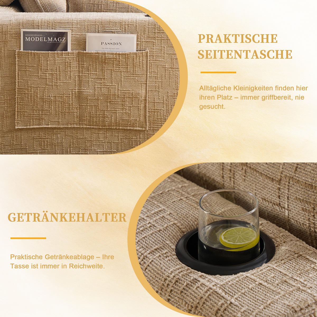 3-SITZER-SOFA aus Chenille, mit Fußhocker und Getränkehalter - Sandfarben, Textil (256/75/161cm) - Urban Meuble