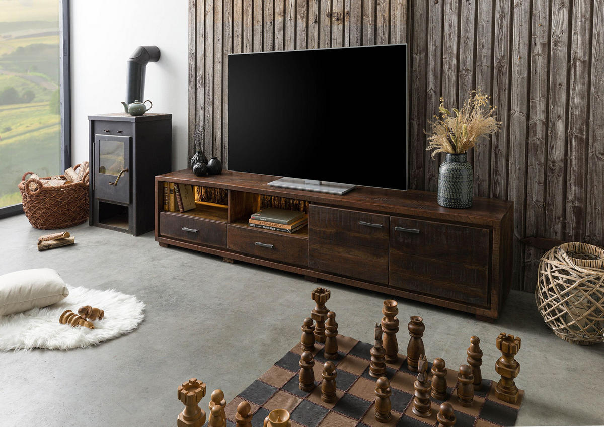 TV-BOARD Akazie 220x40x47 dunkelbraun lackiert BARK #210 - Dunkelbraun, Holz (220/47/40cm) - Massivmoebel24