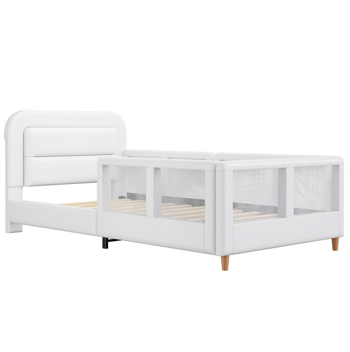 POLSTERBETT 90/200 cm mit Sicherheitsgeländer und gepolstertem Kopfteil, PU in Weiß - Weiß, Holzwerkstoff (90/200cm) - Redom