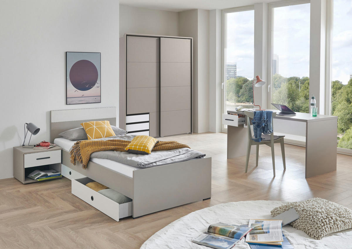 JUGENDZIMMER Bahamas Saharagrau- Weiß 7 teilig mit Schwebetürenschrank - Grau, Holzwerkstoff (80/200/120cm)