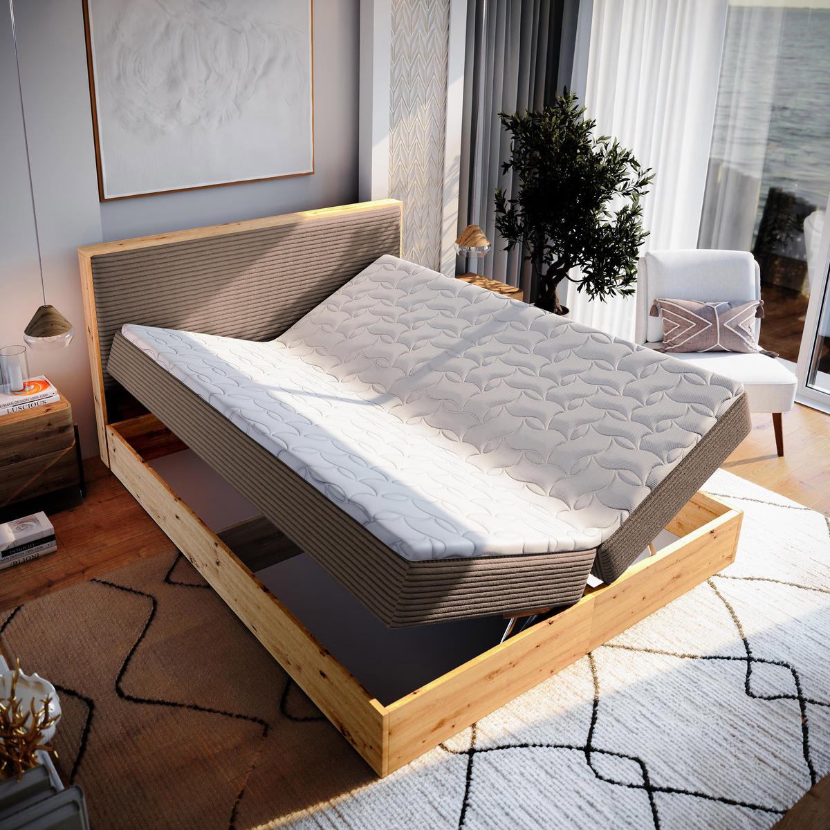 BOXBETT VERDON 160x200 cm mit Matratze und Topper - Braun - Braun, Holz (160/200cm) - MASSENO