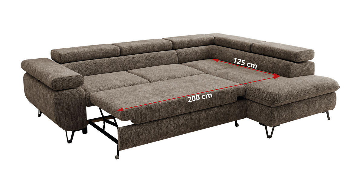 ECKSOFA PABLO L Braun Schenille grob gewebt - Rechts Seite mit T25 Topper - Schwarz/Braun, Textil/Metall (273/208cm) - MKS