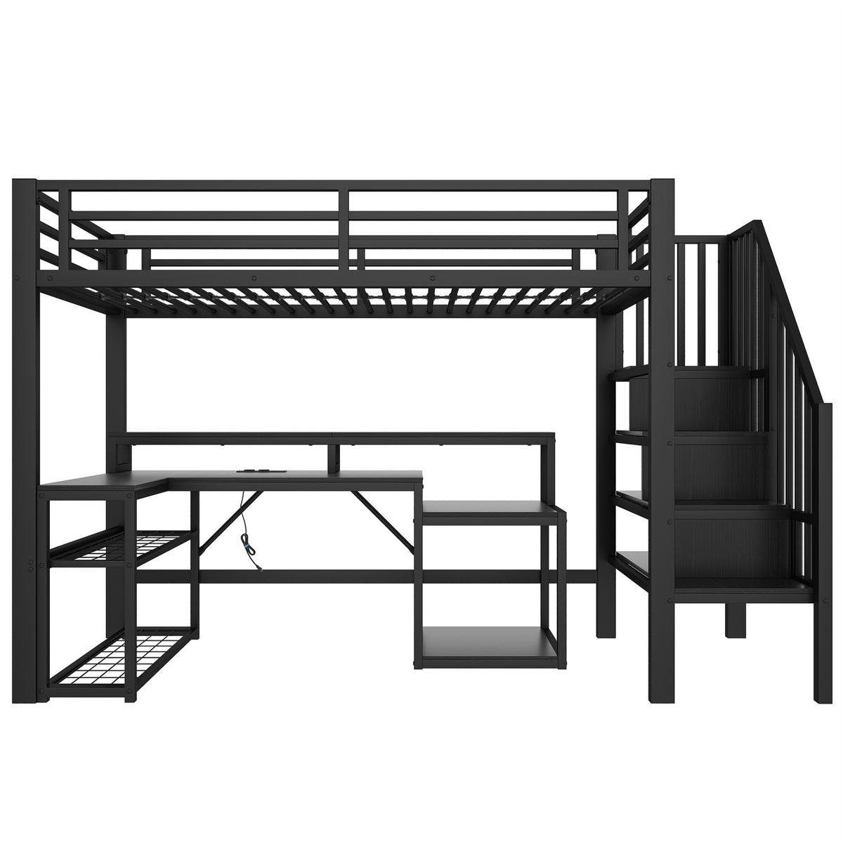 HOCHBETT 90/200 cm in Schwarz – mit Schreibtisch, Stauraumtreppe und Rausfallschutz - Schwarz, Metall (90/200cm) - BEAOK