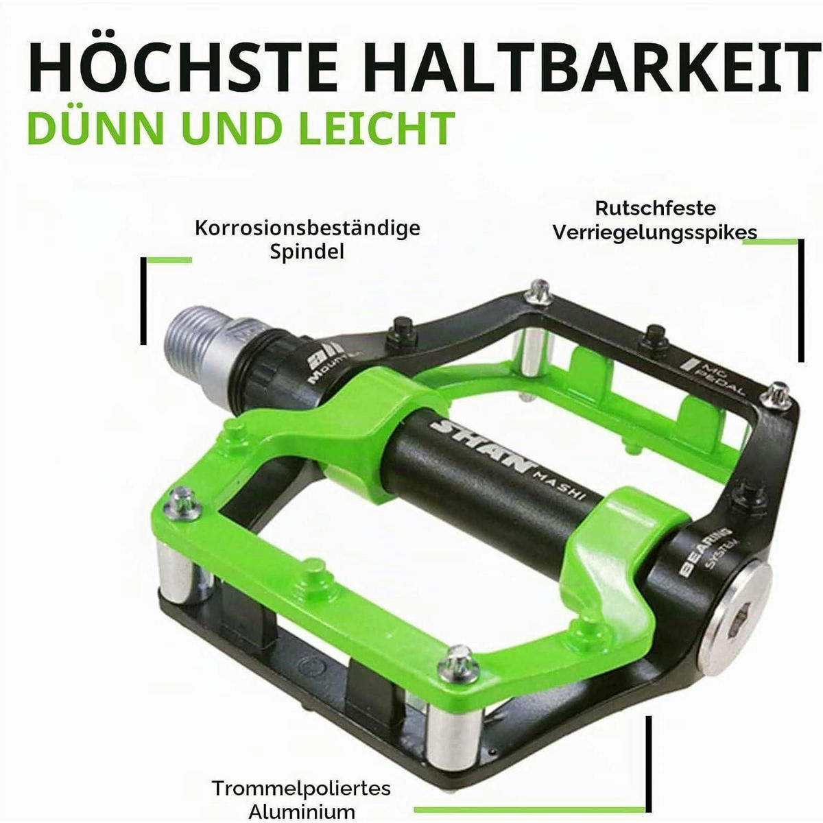 FAHRRADPEDALE Aluminium-Legierung 9/16 Zoll Sealed Bearing Anti-Rutsch-Pedal Grün - Grün, Metall (9/2.7/10.2cm)