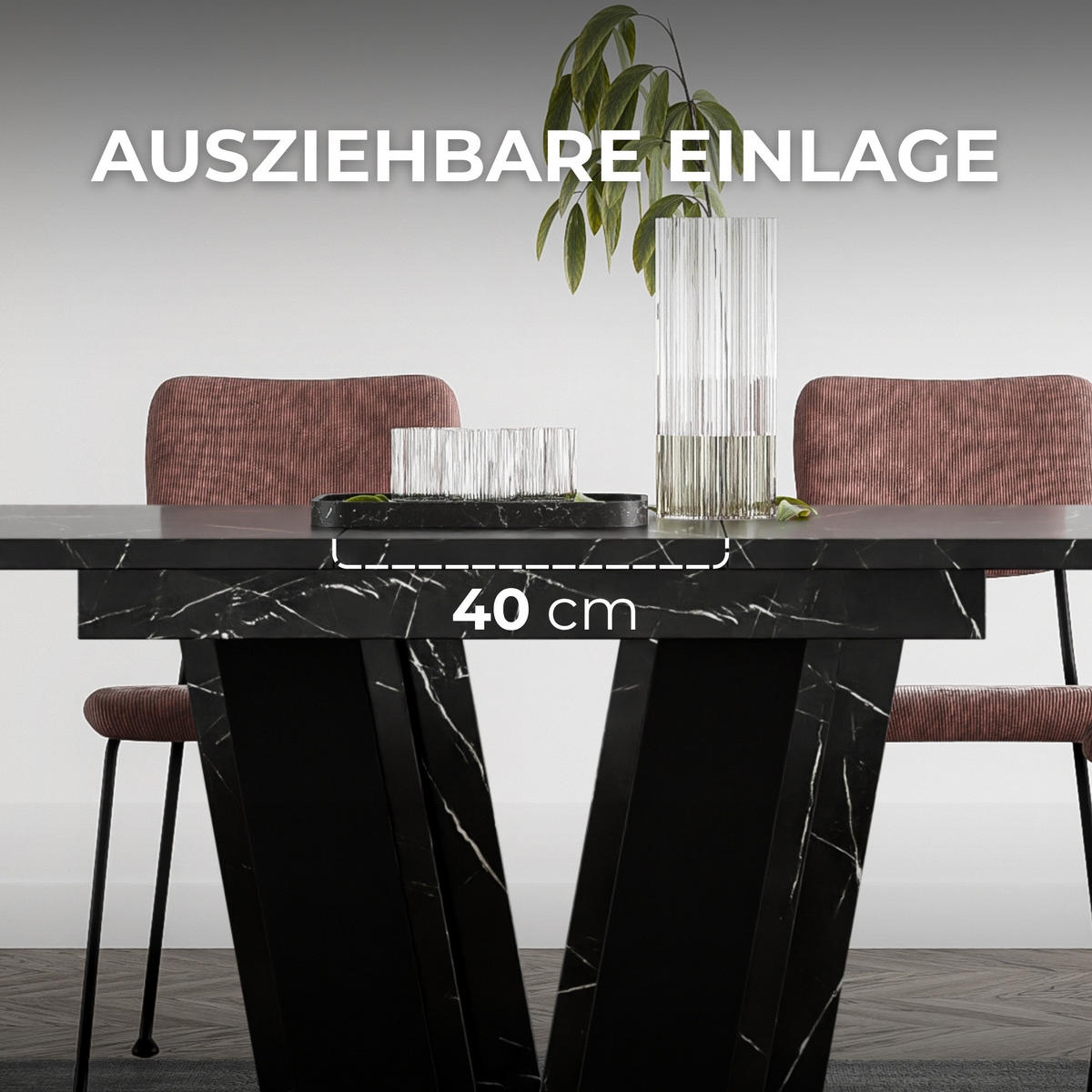 ESSTISCH Ausziehbar von 140 bis 180 cm in Schwarzer Marmor-Optik - Schwarz Hochglanz, Holzwerkstoff (80/180/75cm) - Home Collective