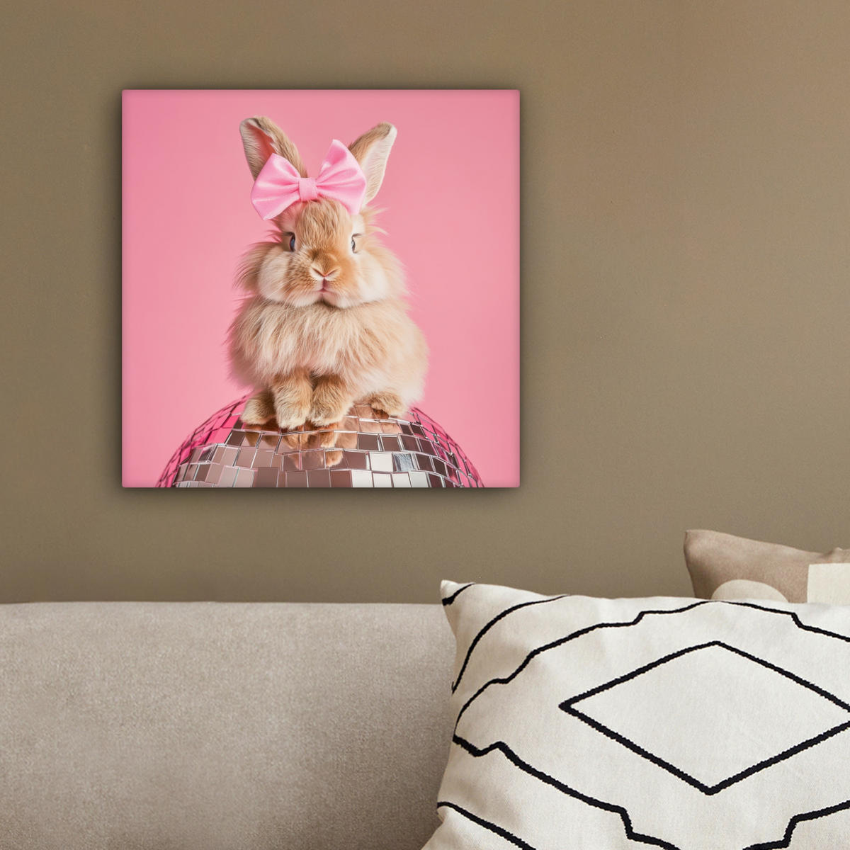 LEINWANDBILD Schleife - Discoball - Kaninchen Deko Wohnzimmer 20x20 cm - Pink, Textil (20/20cm) - MuchoWow